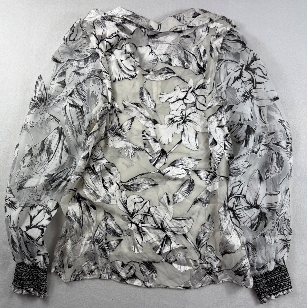 White House Black Market Burnout Floral Bird Blouse White Black Minimalist M - Picture 8 of 9